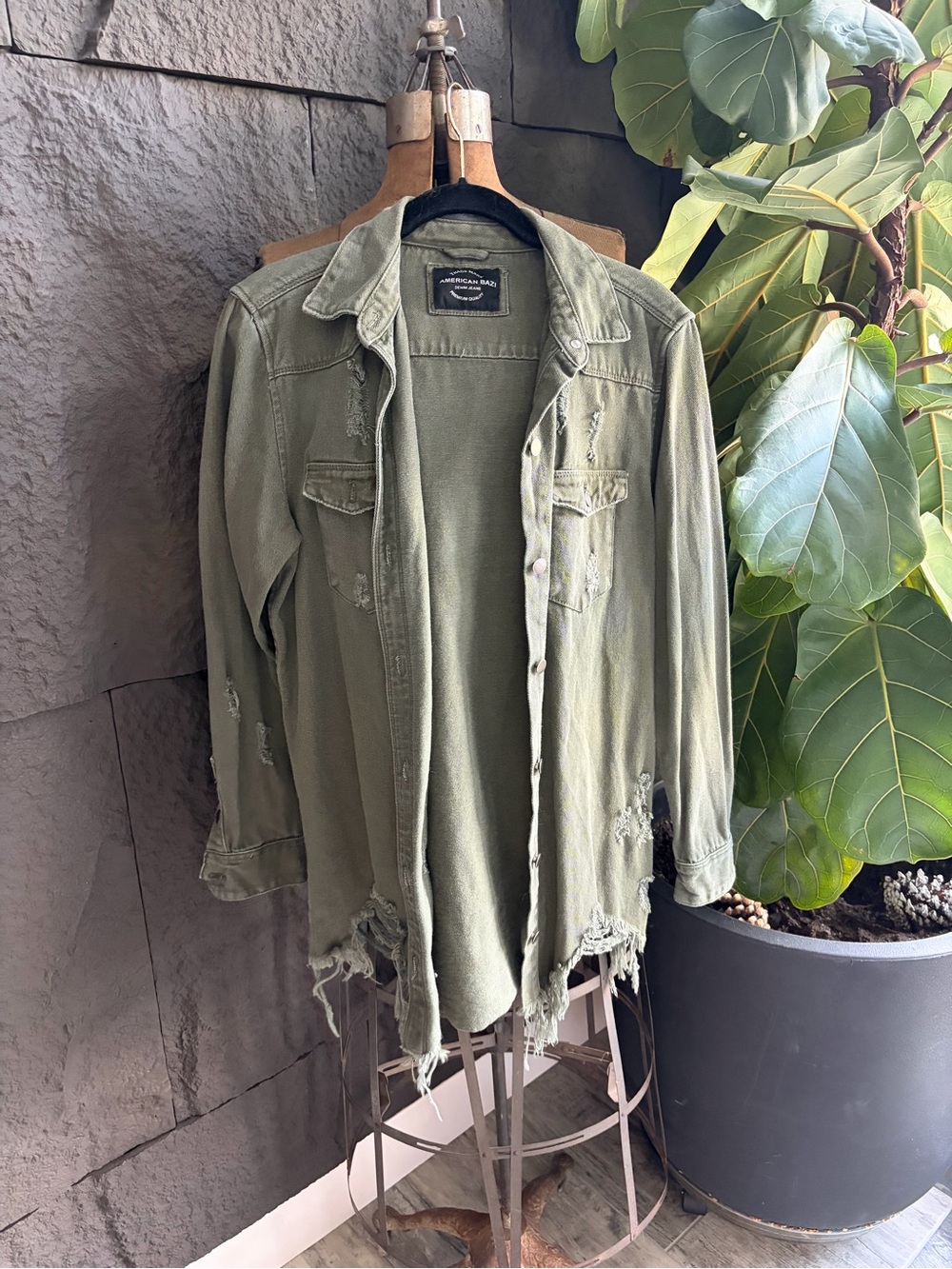 Distressed Olive Green Button-Up Shacket